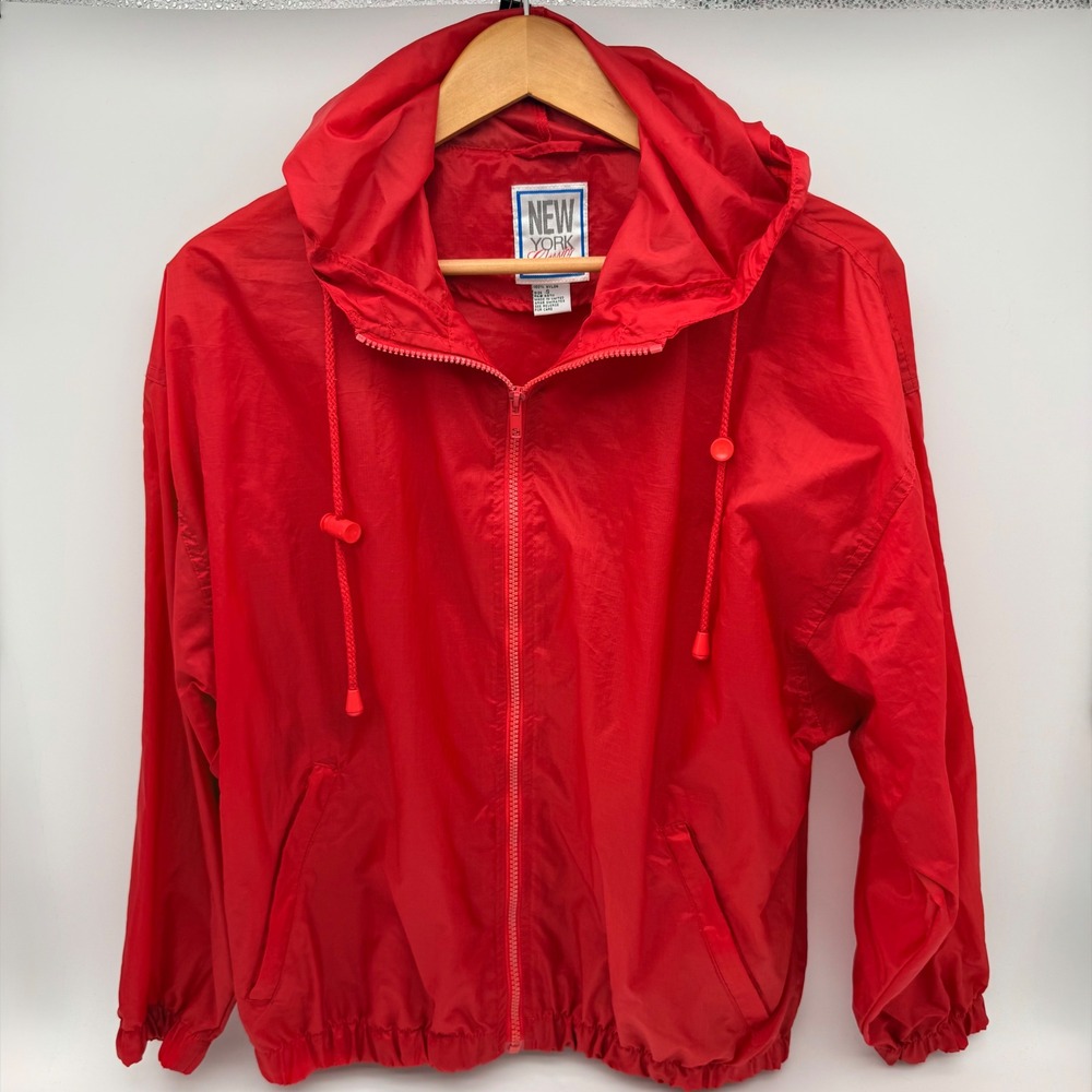 Vintage New York Classics Red Nylon Windbreaker Jacket Hooded 90s Size Small